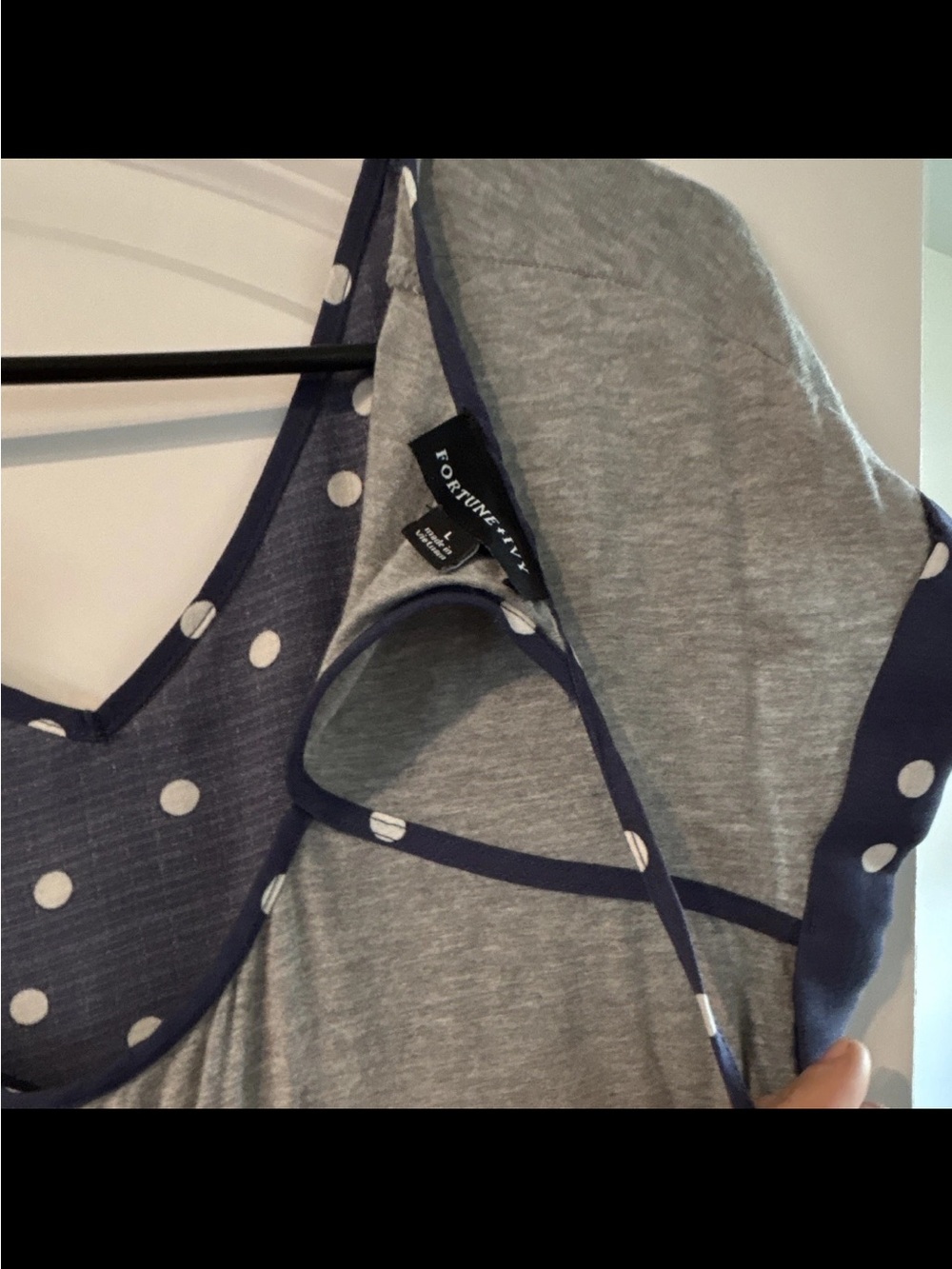 Fortune+Fate Grey Shirt with Navy Polka Dot Trim